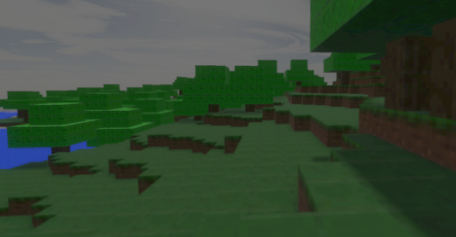 Block-built Minecraft landscape with trees and water